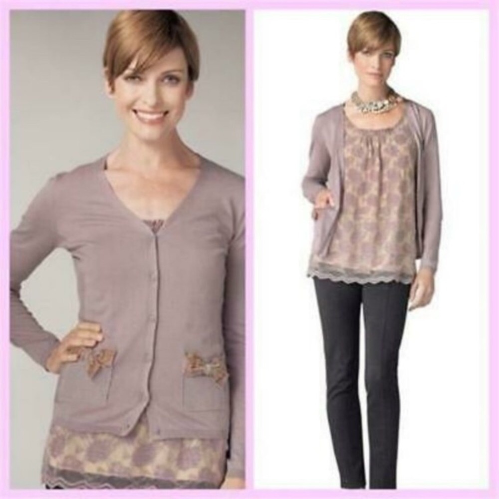 Cabi Velvet Bow Cardigan with metallic thrβ¦